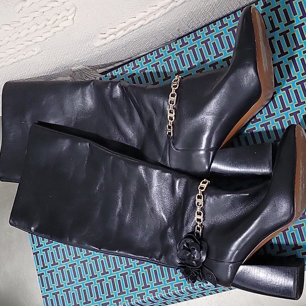 Tory Burch Black Blossom Block Heel Boots Tall Knee High Shoes